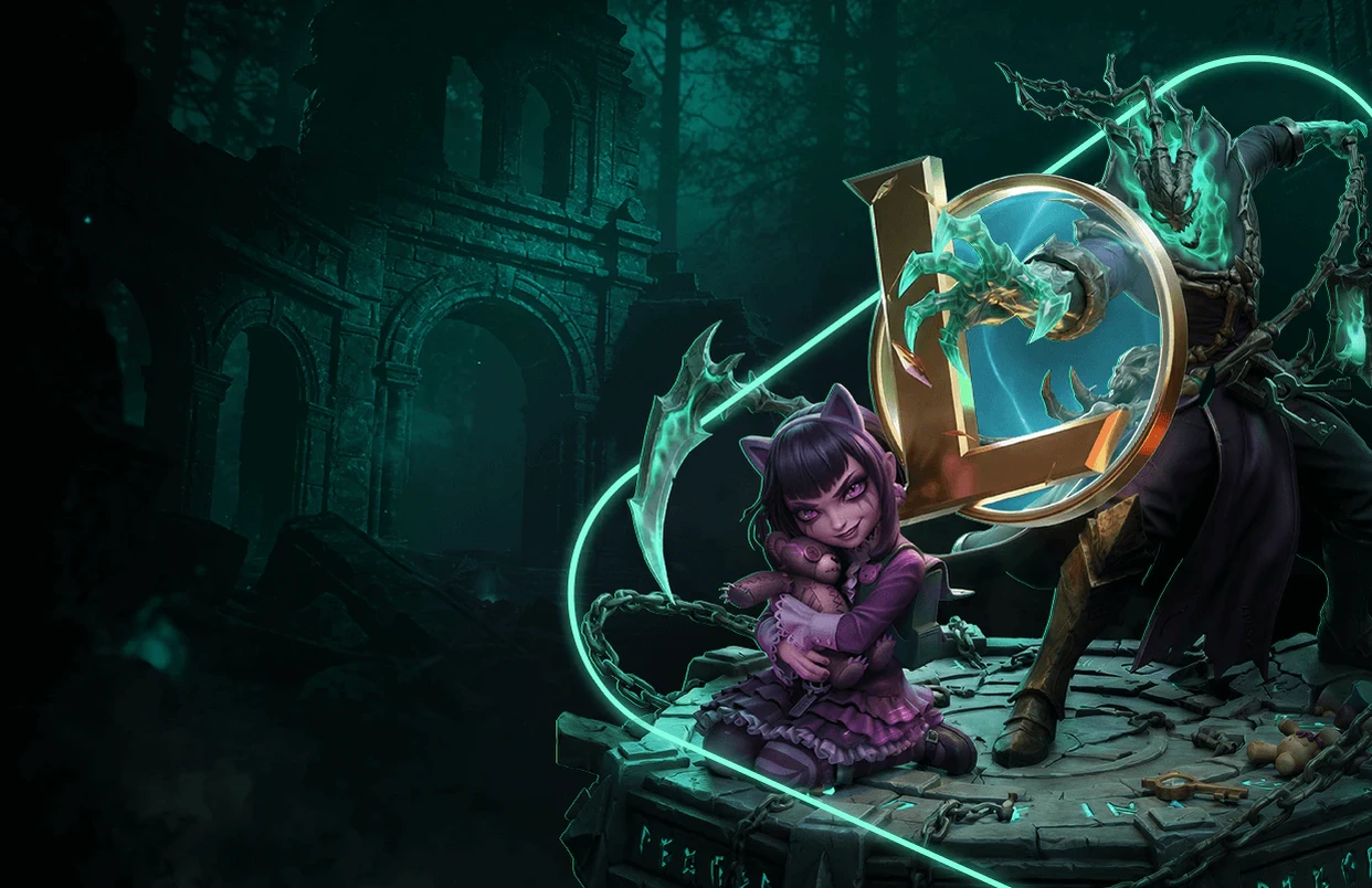 Personagens de League of Legends junto ao emblema do jogo