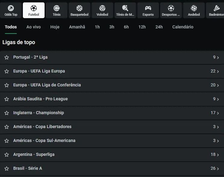 Apostas pré-jogo com os filtros Hoje, Amanhã e Calendário e as ligas de topo